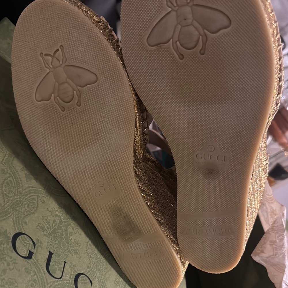 Gucci Cream and Gold Espadrille Sandals with Ankle Strap - Picture 3 of 7